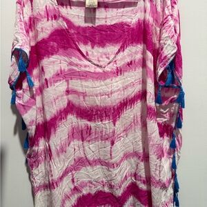 Pink and White Tie-Dye Kaftan with Blue Tassels